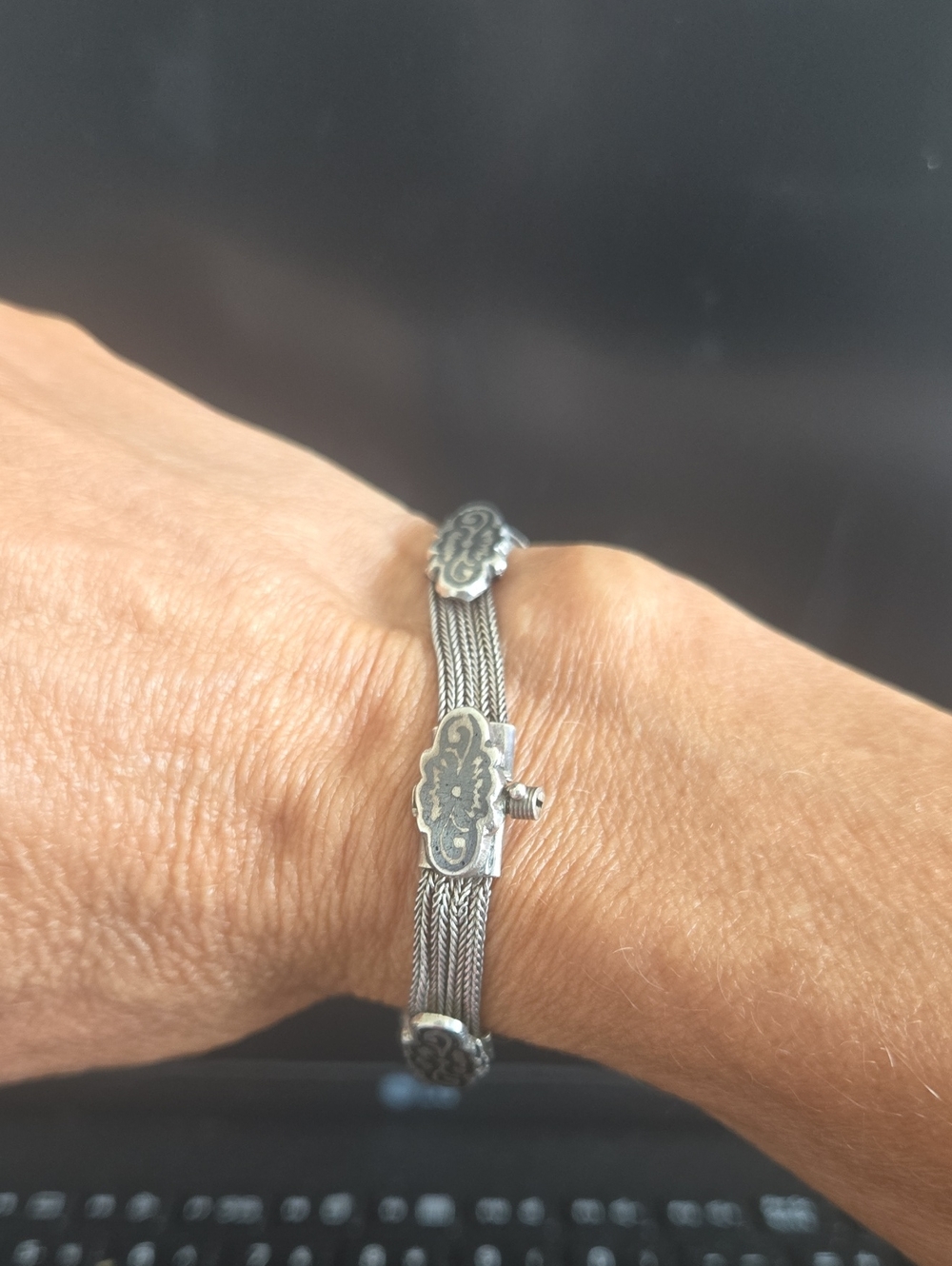 Vintage Turkish 925 Sterling Niello Braided Foxtail Chain Bracelet - Picture 4 of 8